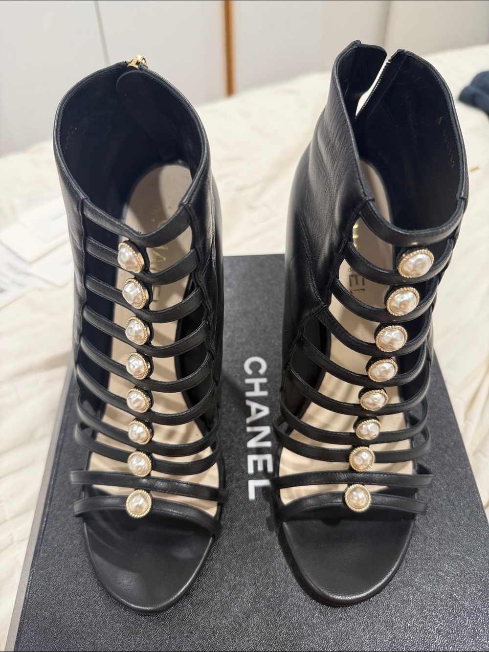 CHANEL Black Strappy Leather Pearl-Button High Heel Sandals